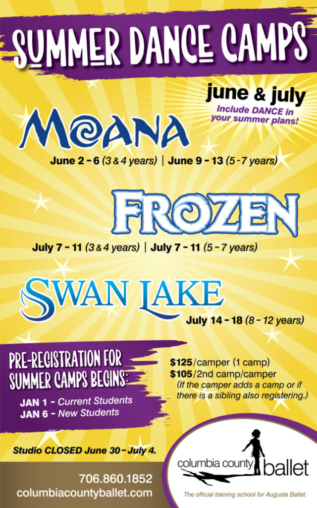 Summer dance camps poster featuring Moana, Frozen, and Swan Lake themes with dates, age groups, and registration details.